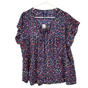 Gap Womens Cottagecore Flutter Zen Boho Blouse XL Navy Floral V-Neck Tie Top NEW